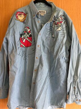 Custom Holiday Looney Tunes Denim Button-Up Shirt XL Taz Sylvester